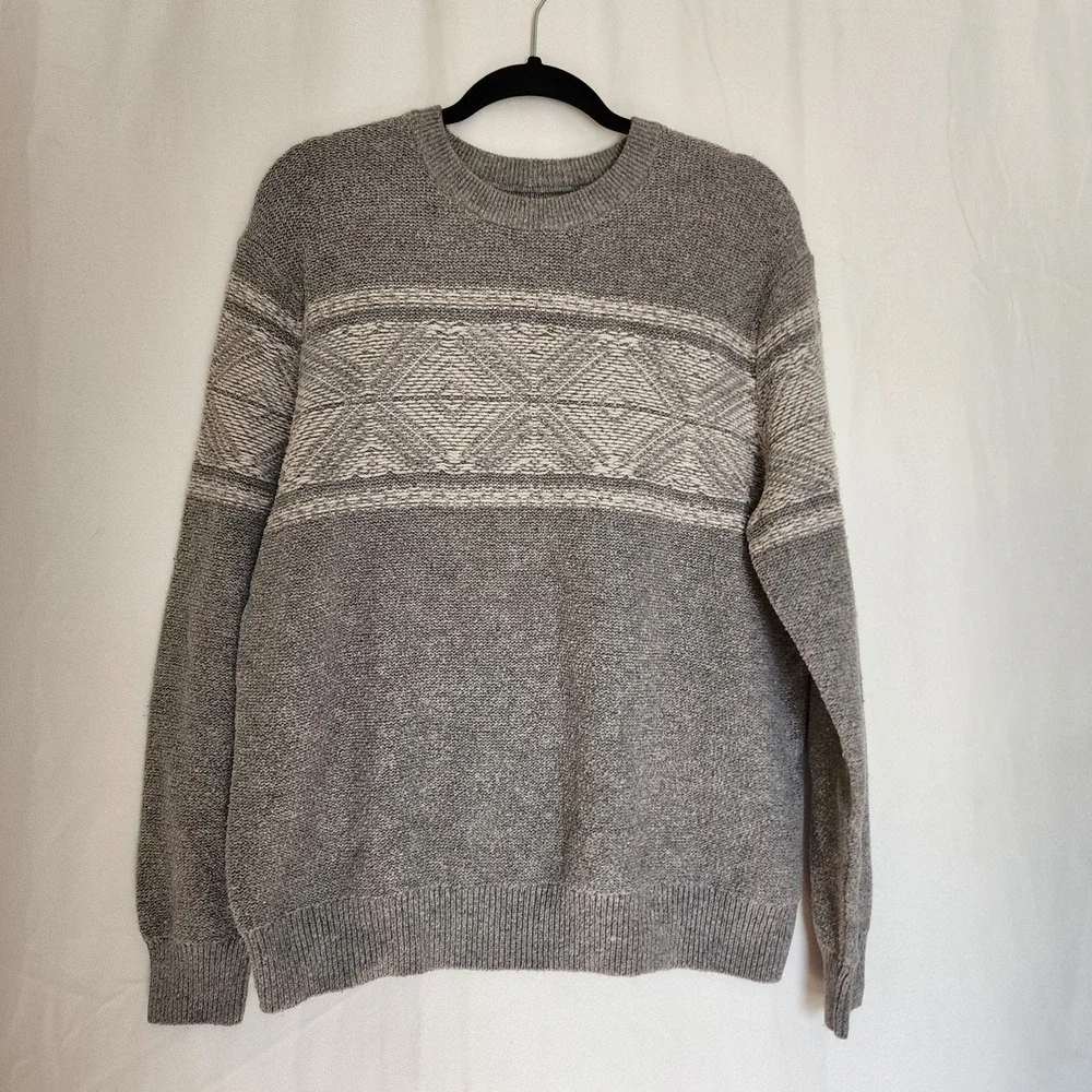 Mens Croft & Barrow Crew Neck Cotton Blend Faire Isle Sweater Gray White Size L